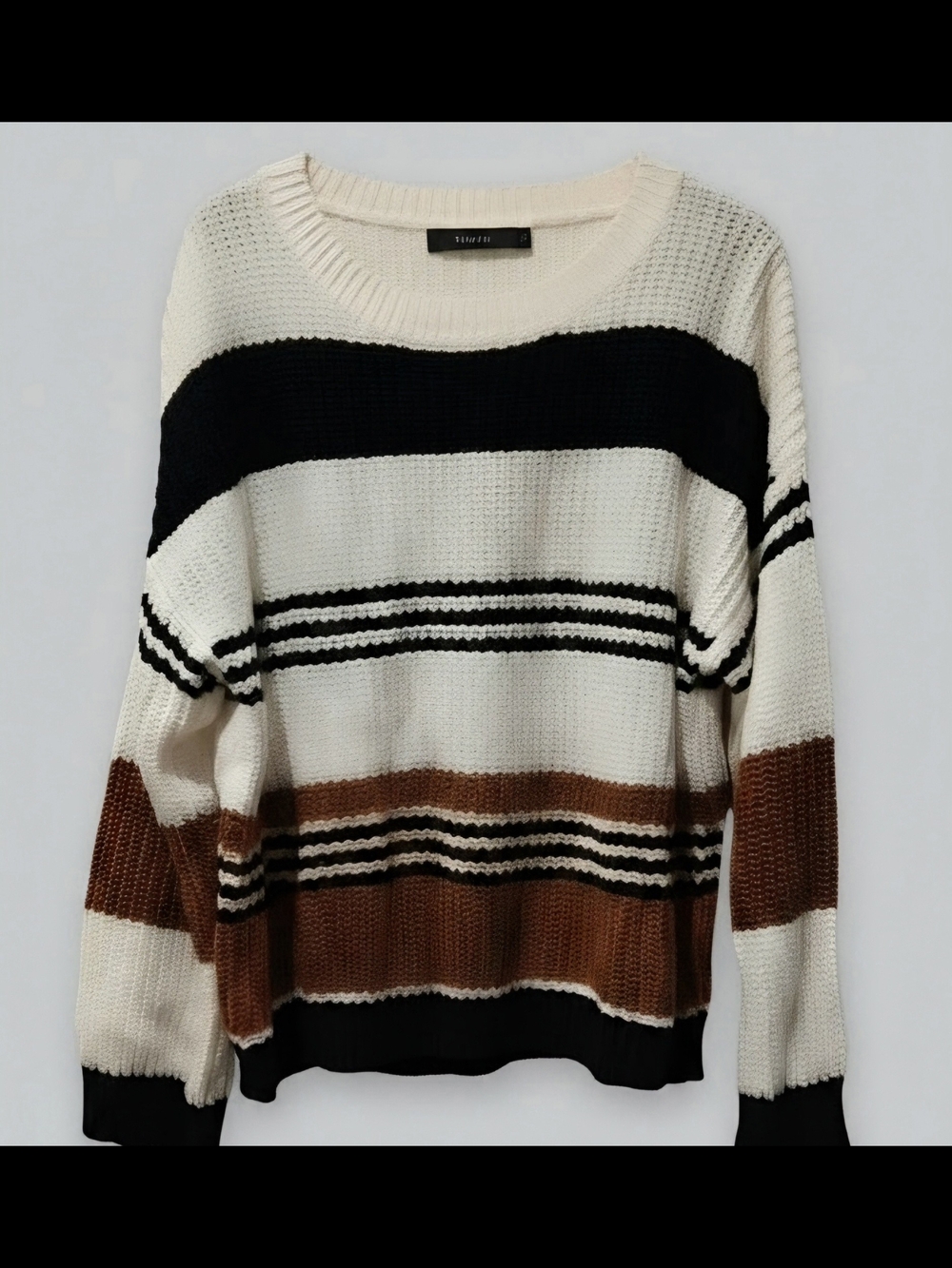 Women’s Striped Crewneck Sweater in Ivory, Black & Brown - Casual Knit
